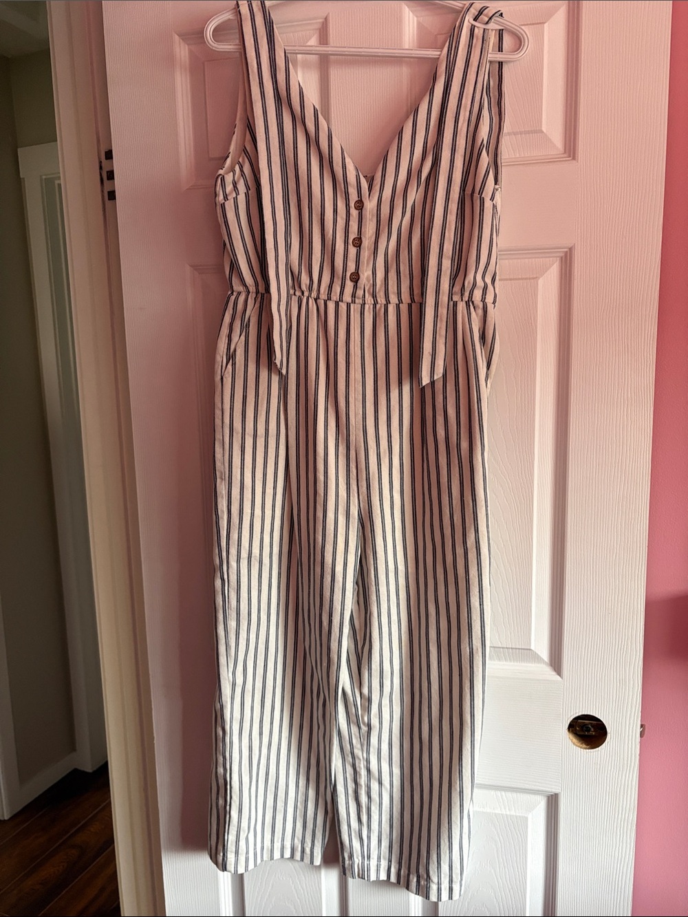 Mod Ref White Jumpsuit with Navy Stripes
